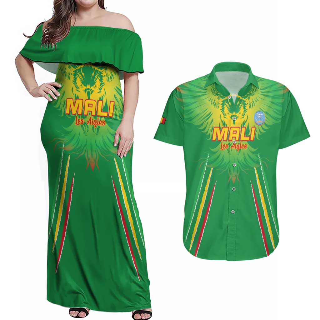 Custom Mali Football Couples Matching Off Shoulder Maxi Dress and Hawaiian Shirt Go Les Aigles Green Color