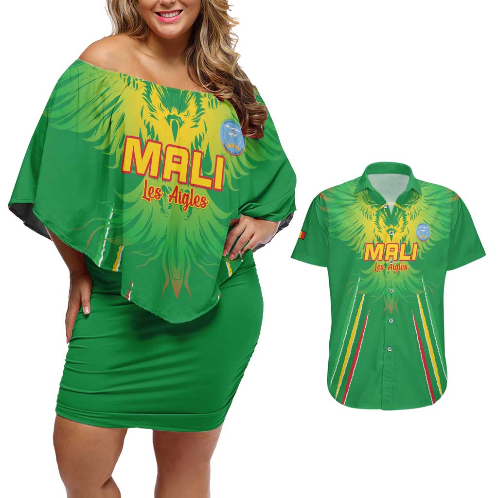 Custom Mali Football Couples Matching Off Shoulder Short Dress and Hawaiian Shirt Go Les Aigles Green Color