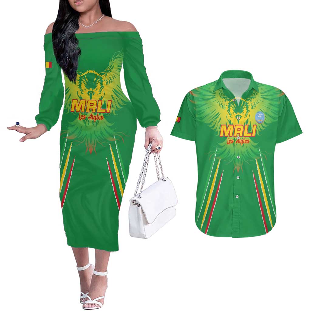 Custom Mali Football Couples Matching Off The Shoulder Long Sleeve Dress and Hawaiian Shirt Go Les Aigles Green Color