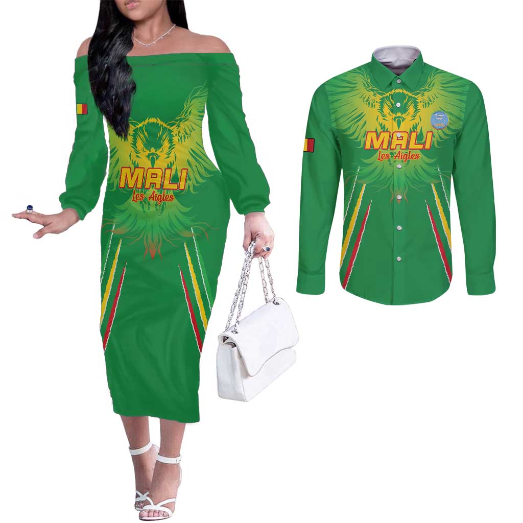 Custom Mali Football Couples Matching Off The Shoulder Long Sleeve Dress and Long Sleeve Button Shirt Go Les Aigles Green Color