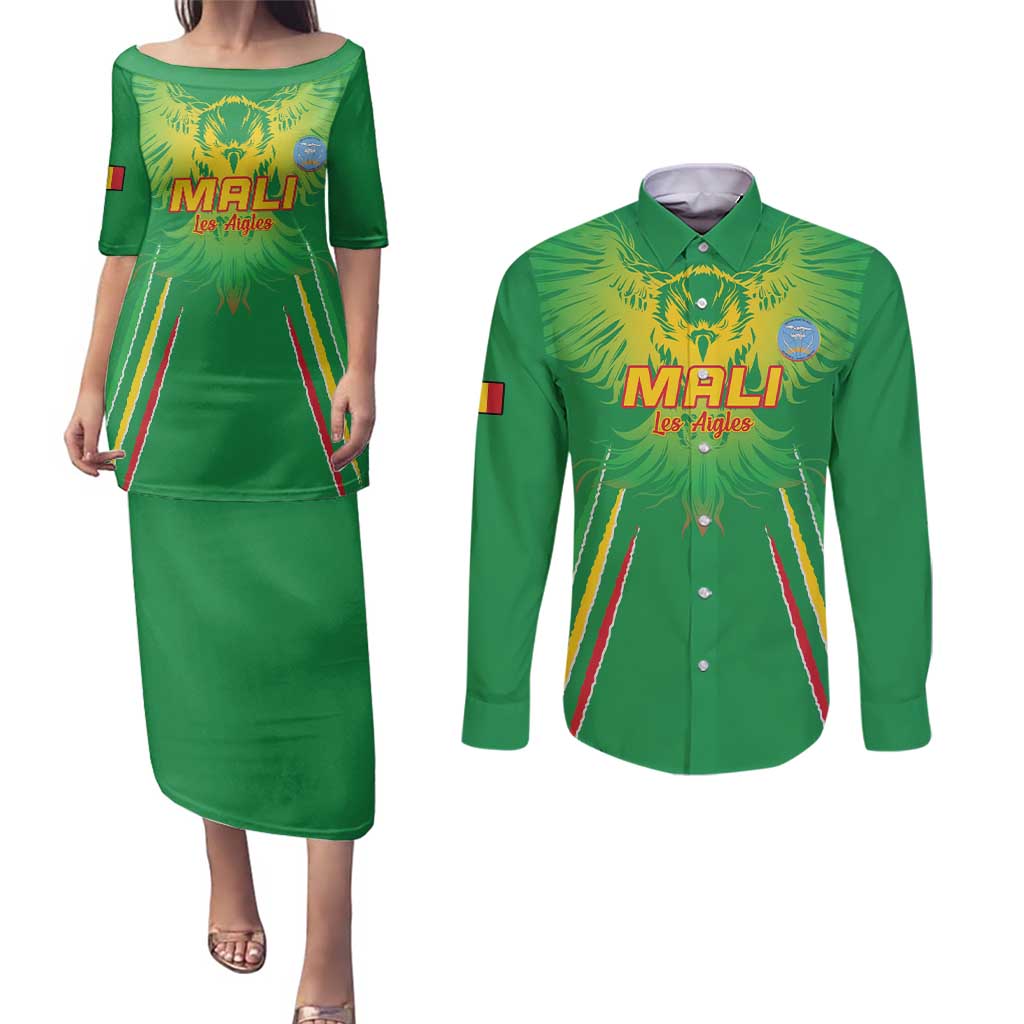 Custom Mali Football Couples Matching Puletasi and Long Sleeve Button Shirt Go Les Aigles Green Color