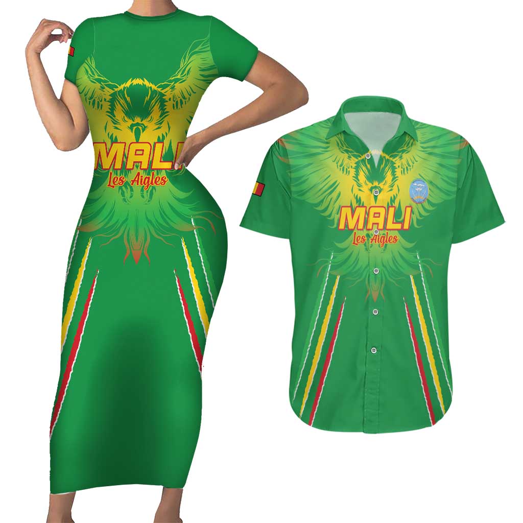 Custom Mali Football Couples Matching Short Sleeve Bodycon Dress and Hawaiian Shirt Go Les Aigles Green Color