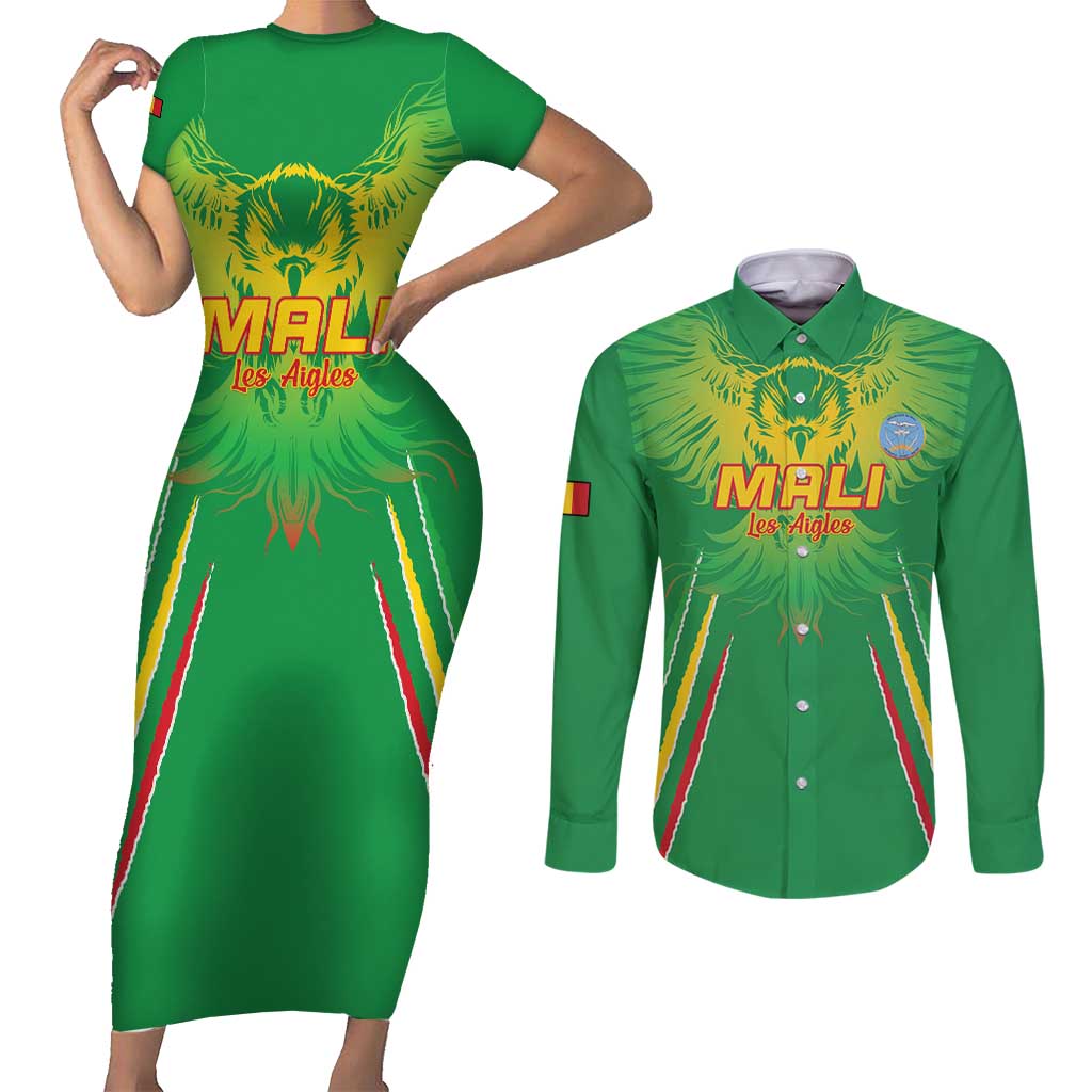 Custom Mali Football Couples Matching Short Sleeve Bodycon Dress and Long Sleeve Button Shirt Go Les Aigles Green Color