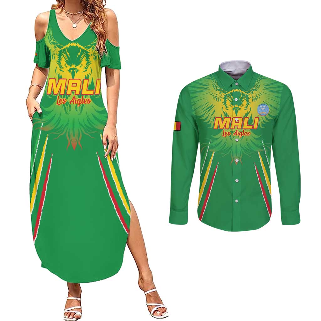 Custom Mali Football Couples Matching Summer Maxi Dress and Long Sleeve Button Shirt Go Les Aigles Green Color