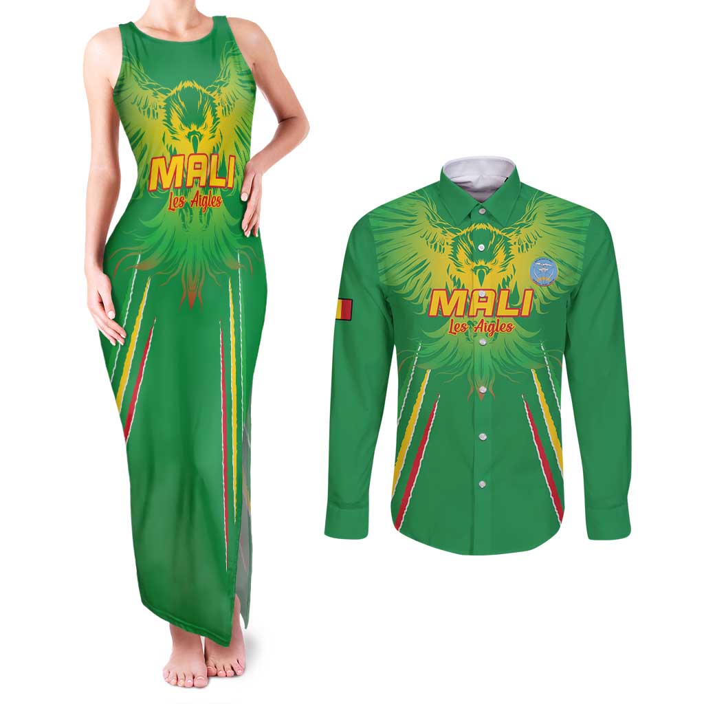 Custom Mali Football Couples Matching Tank Maxi Dress and Long Sleeve Button Shirt Go Les Aigles Green Color