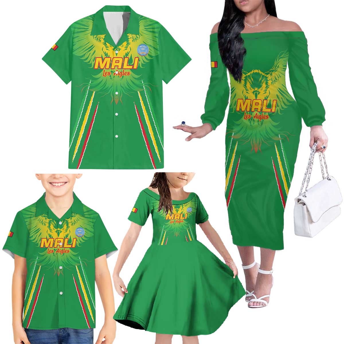 Custom Mali Football Family Matching Off The Shoulder Long Sleeve Dress and Hawaiian Shirt Go Les Aigles Green Color