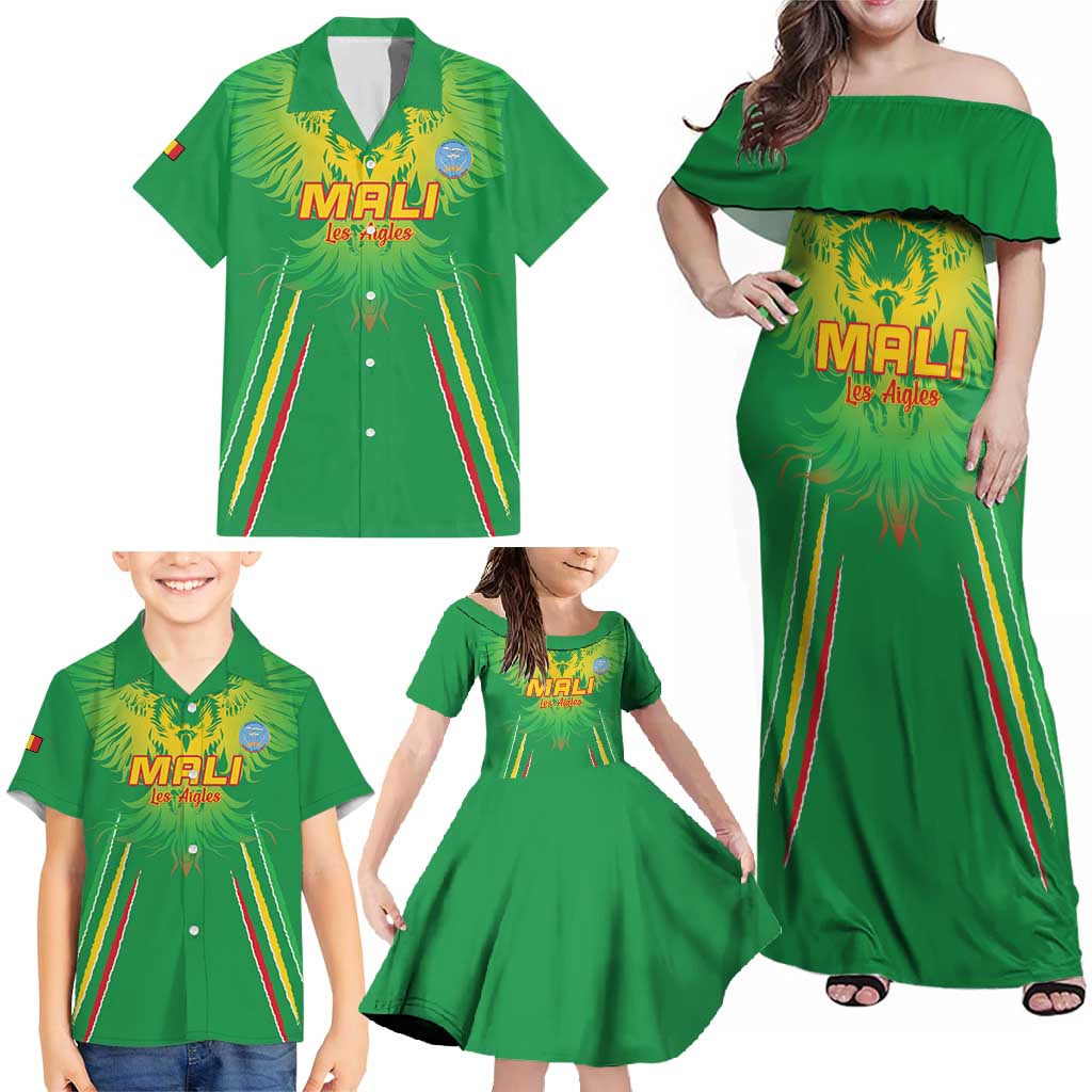 Custom Mali Football Family Matching Off Shoulder Maxi Dress and Hawaiian Shirt Go Les Aigles Green Color