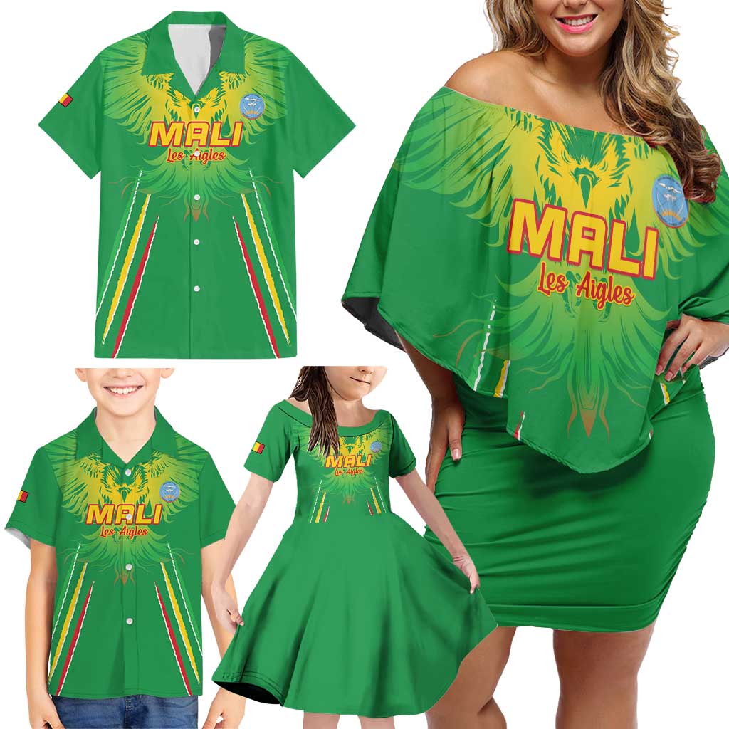 Custom Mali Football Family Matching Off Shoulder Short Dress and Hawaiian Shirt Go Les Aigles Green Color