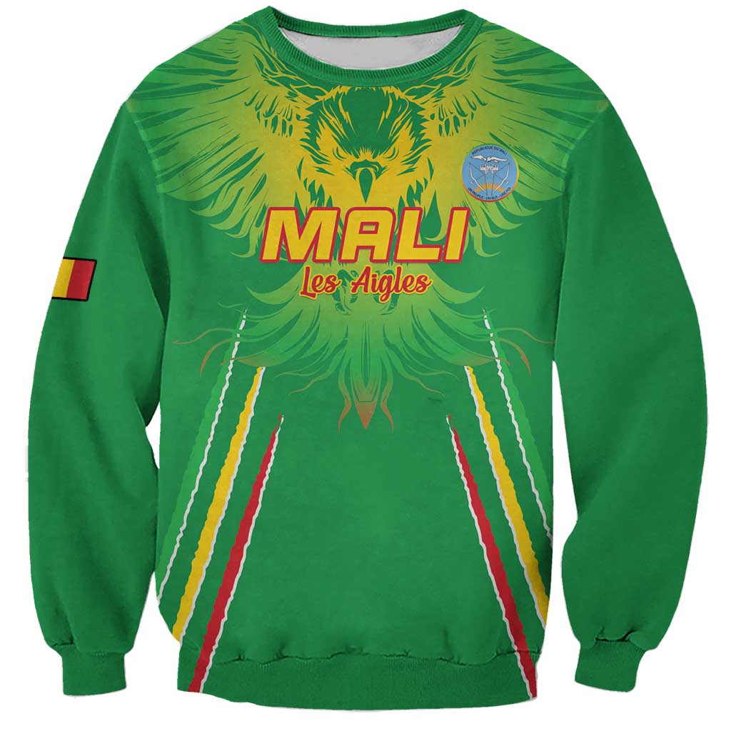 Green football sweatshirt with Mali Les Aigles graphic, eagle and striped sleeves badge