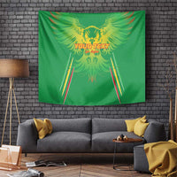 Green football tapestry featuring a yellow eagle graphic with striped goal posts