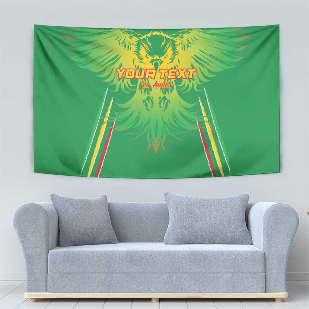 Green wall tapestry with yellow eagle design and 'YOUR TEXT' lettering near the top