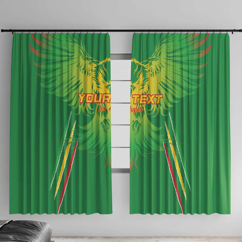 Green double window curtain panels with eagle artwork and "YOUR TEXT" custom print
