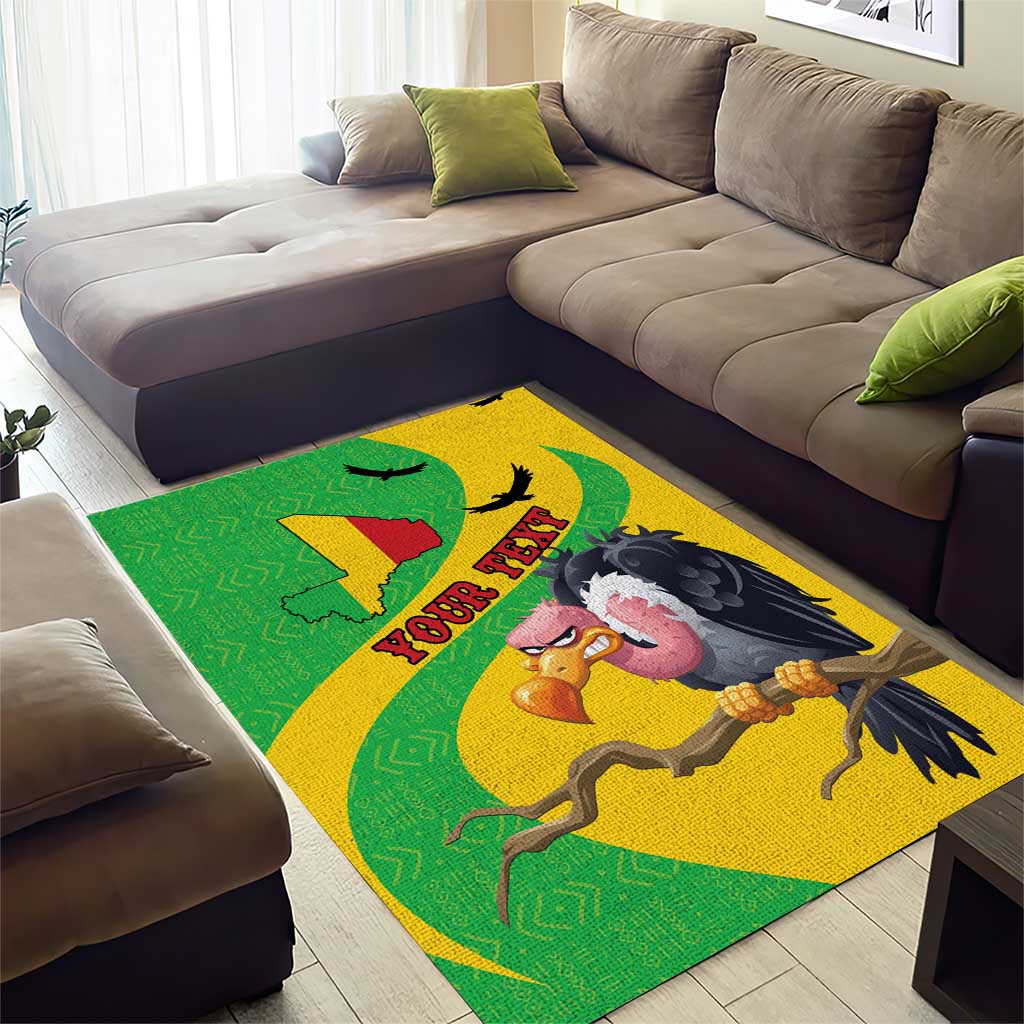 Personalized area rug under living room seating, green and yellow vulture flag map design