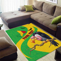 Personalized area rug under living room seating, green and yellow vulture flag map design