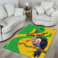 Personalized area rug in seating area, green and yellow vulture map flag print with text