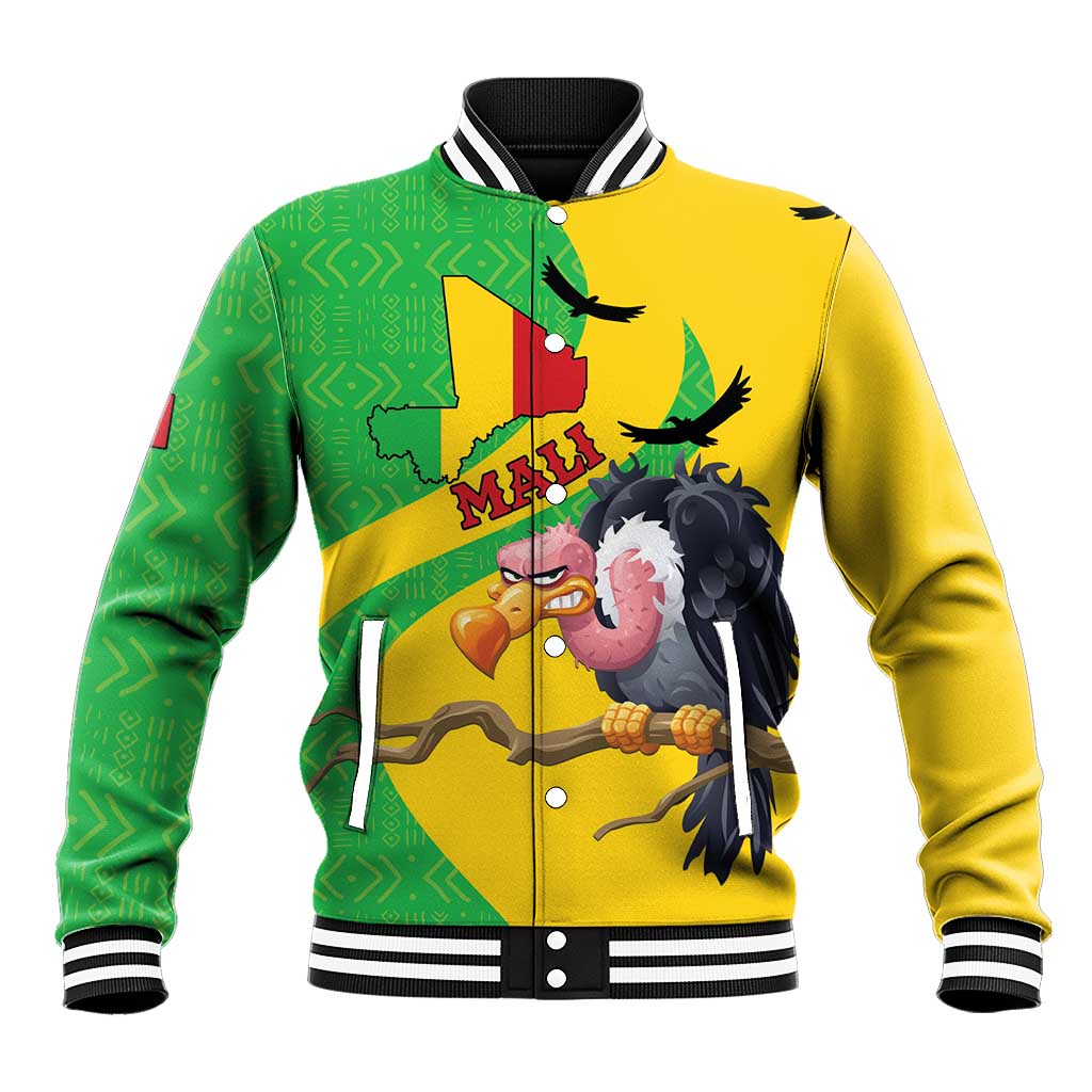 Yellow and green baseball jacket with embroidered flag-map and bird graphic, rib knit cuffs