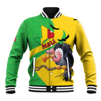 Yellow and green baseball jacket with embroidered flag-map and bird graphic, rib knit cuffs