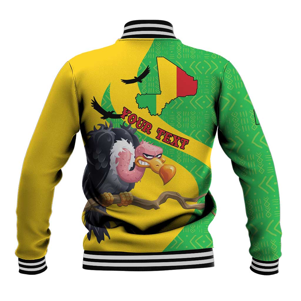 Back view yellow and green baseball jacket with flag-map bird graphic, striped rib collar