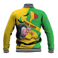 Back view yellow and green baseball jacket with flag-map bird graphic, striped rib collar