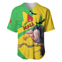 Yellow baseball jersey with Mali map and flag pattern, birds and graphic art on front