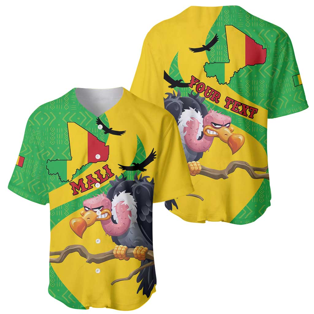 Yellow baseball jersey with Mali map/flag and birds graphic, shown from front and back