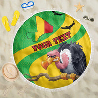 Round beach blanket, Mali map and vulture print on yellow/green with white fringe