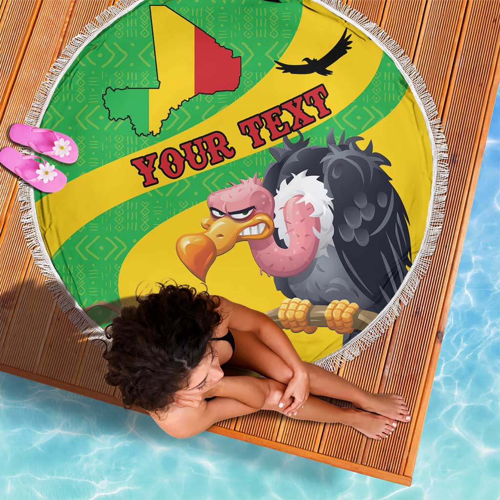 Round beach blanket, vulture and Mali flag map with 'YOUR TEXT' across yellow and green