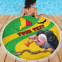 Round beach blanket on deck, Mali map and vulture art on yellow/green with white fringe