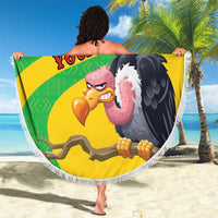 Round beach blanket held up outdoors, vulture and Mali flag map with 'YOUR TEXT'
