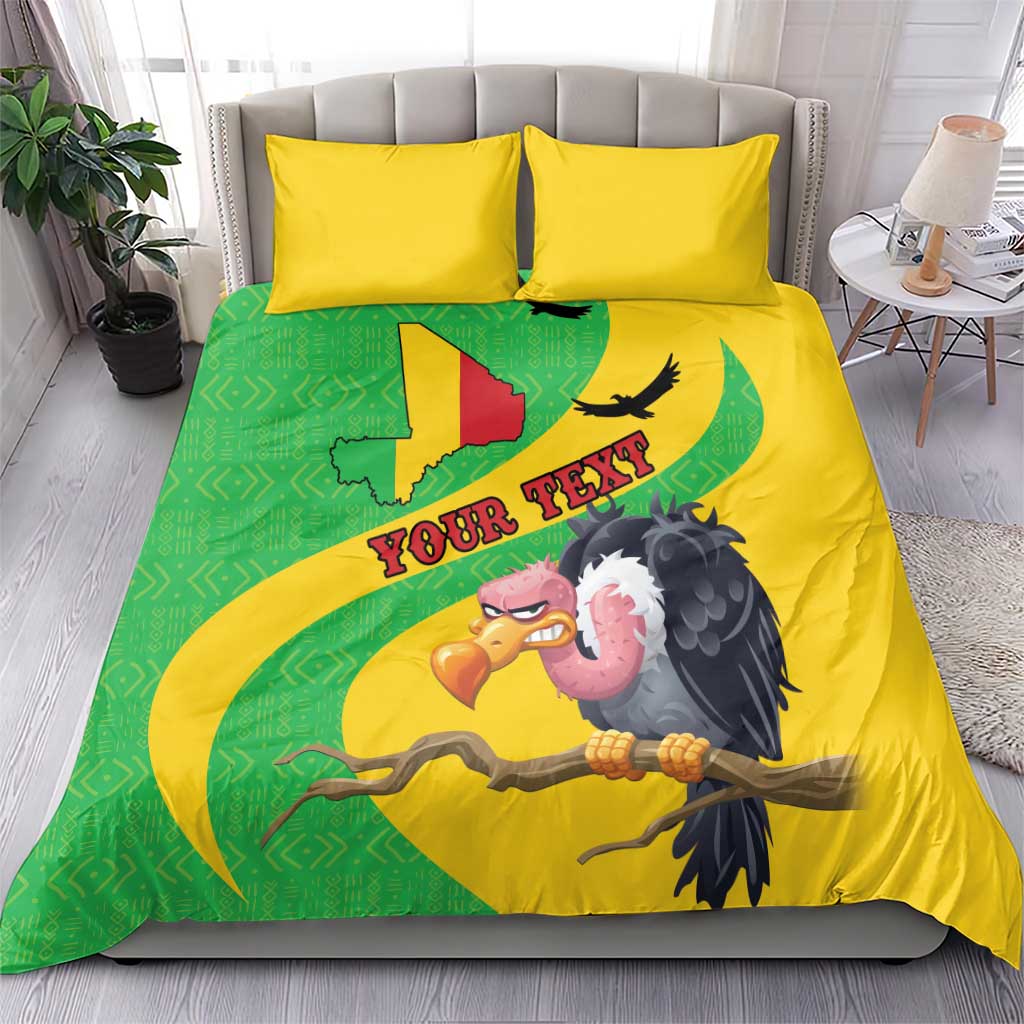 Bedding set with yellow duvet, green Mali map panel, vulture graphic, and two matching pillows