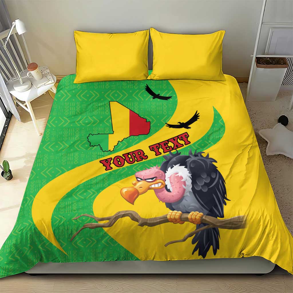 Bedding set with yellow duvet cover featuring Mali map and vulture print, plus two pillows