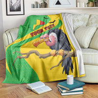 Yellow and green Mali flag style blanket with cartoon vulture, “YOUR TEX” print