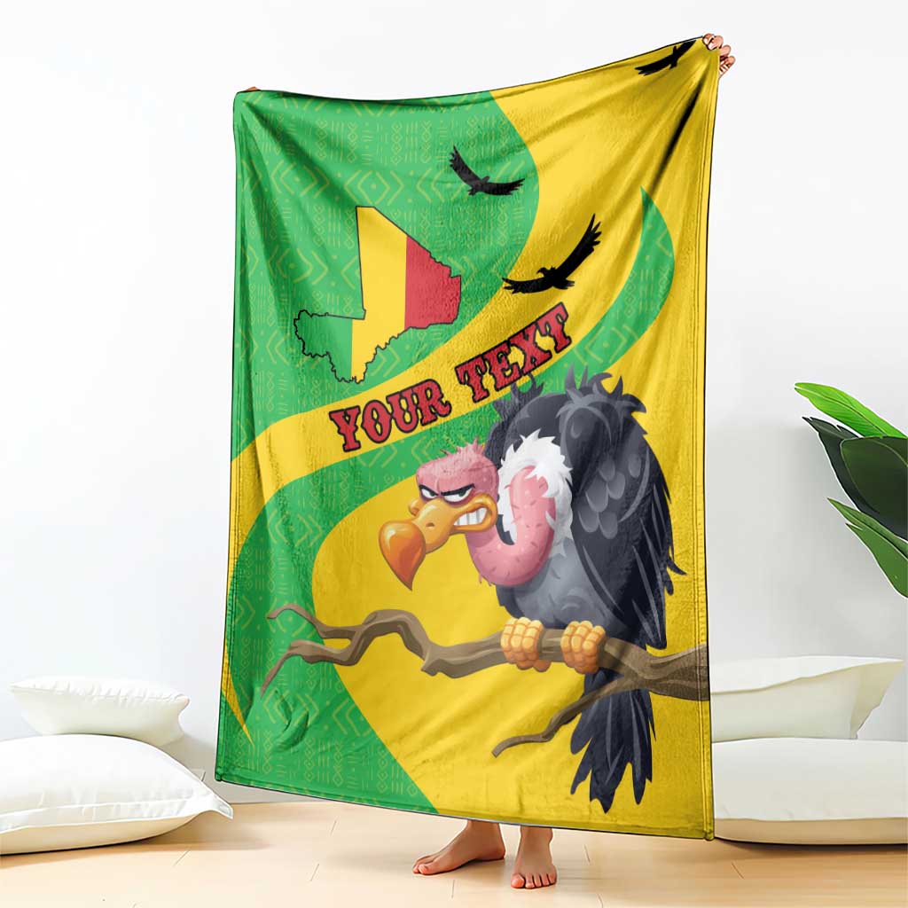 Green and yellow Mali flag map blanket with cartoon vulture and “YOUR TEX” text