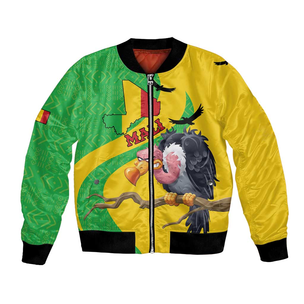 Unisex bomber jacket with green and yellow panels, front zip, bold bird graphic