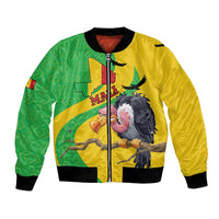 Unisex bomber jacket with green and yellow panels, front zip, bold bird graphic