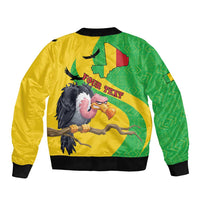 Unisex bomber jacket back view in yellow and green with bird graphic and lettering