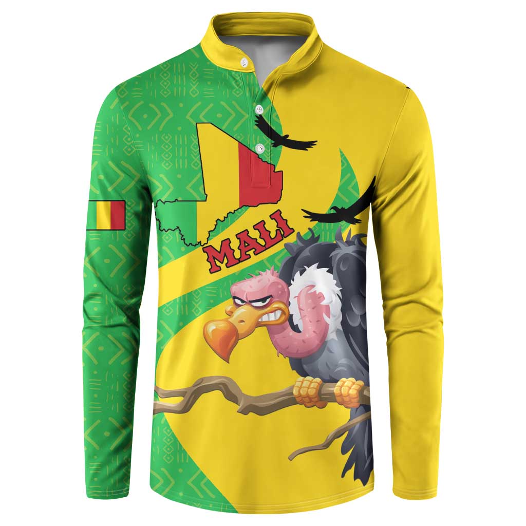 Yellow button-front sweatshirt with green Mali bird and map graphic