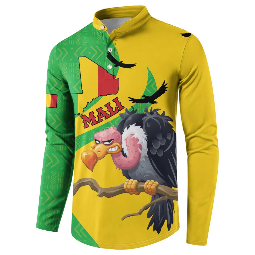 Yellow and green button-front sweatshirt, front Mali bird and map graphic