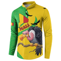 Yellow and green button-front sweatshirt, front Mali bird and map graphic