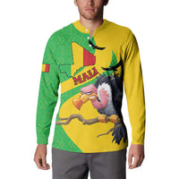 Yellow and green button-front sweatshirt worn by model, Mali bird and map graphic