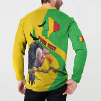 Yellow and green sweatshirt back print with Mali bird graphic and patterned map
