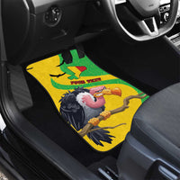 Personalized angled front car floor mat, green/yellow vulture flag map pattern with custom text