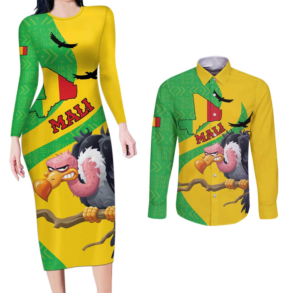 Personalised Mali Couples Matching Long Sleeve Bodycon Dress and Long Sleeve Button Shirt Vulture With Flag Map Bogolan Pattern