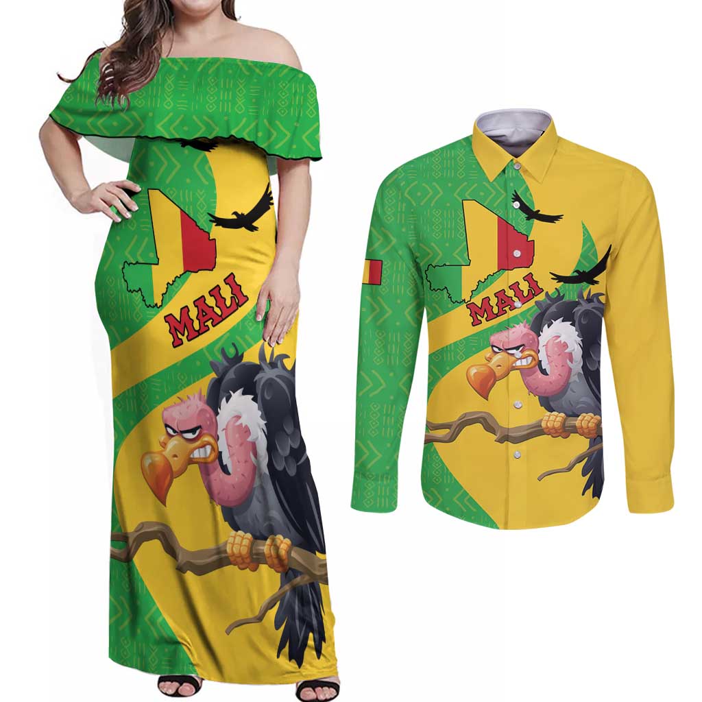 Personalised Mali Couples Matching Off Shoulder Maxi Dress and Long Sleeve Button Shirt Vulture With Flag Map Bogolan Pattern