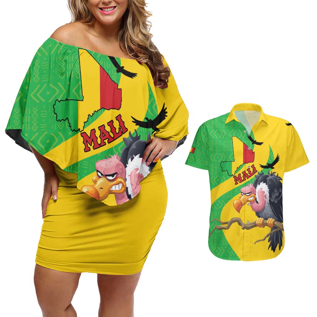 Personalised Mali Couples Matching Off Shoulder Short Dress and Hawaiian Shirt Vulture With Flag Map Bogolan Pattern