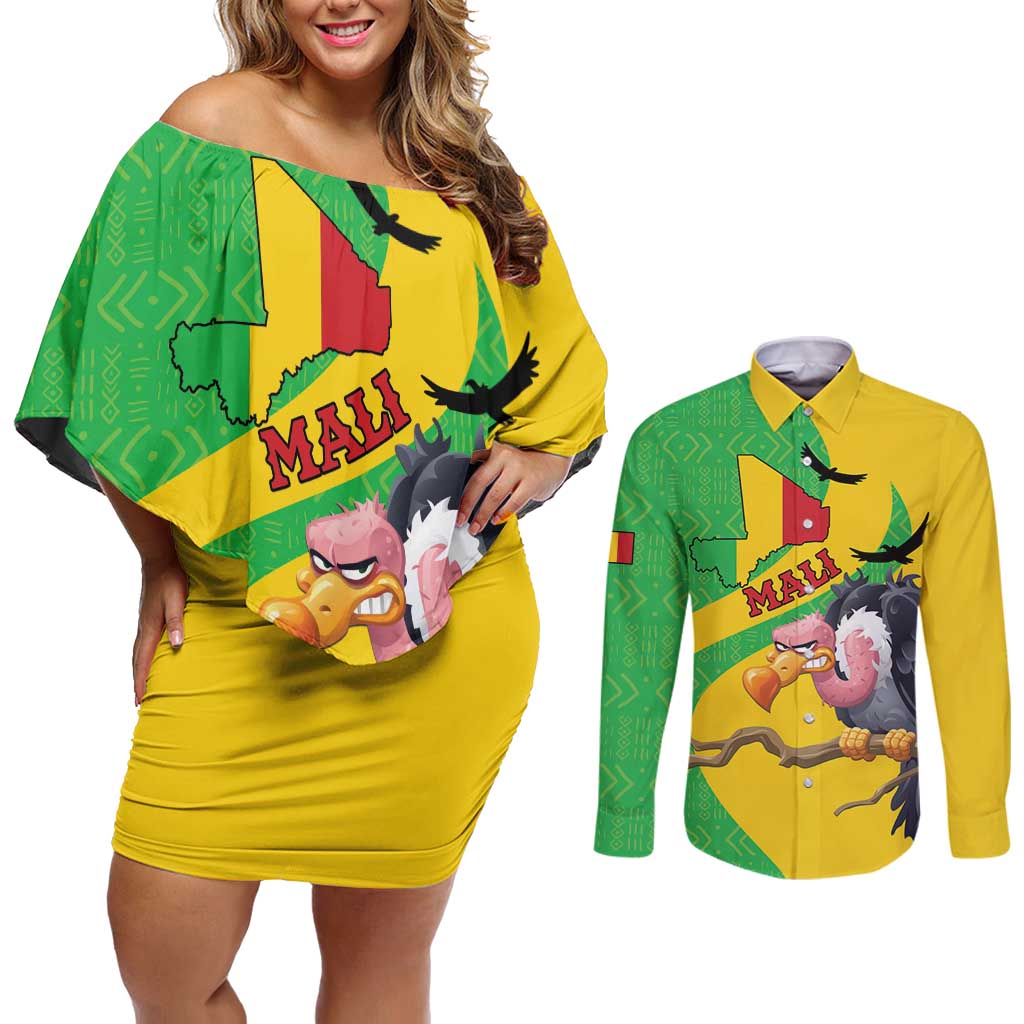 Personalised Mali Couples Matching Off Shoulder Short Dress and Long Sleeve Button Shirt Vulture With Flag Map Bogolan Pattern