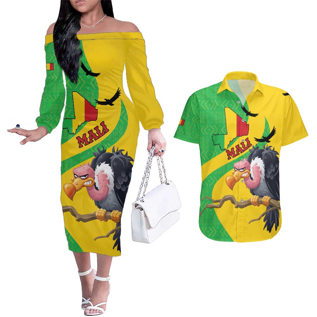 Personalised Mali Couples Matching Off The Shoulder Long Sleeve Dress and Hawaiian Shirt Vulture With Flag Map Bogolan Pattern