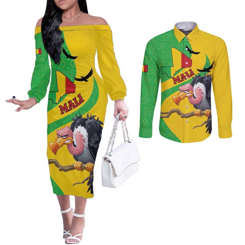 Personalised Mali Couples Matching Off The Shoulder Long Sleeve Dress and Long Sleeve Button Shirt Vulture With Flag Map Bogolan Pattern