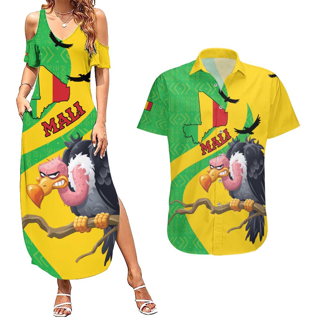 Personalised Mali Couples Matching Summer Maxi Dress and Hawaiian Shirt Vulture With Flag Map Bogolan Pattern