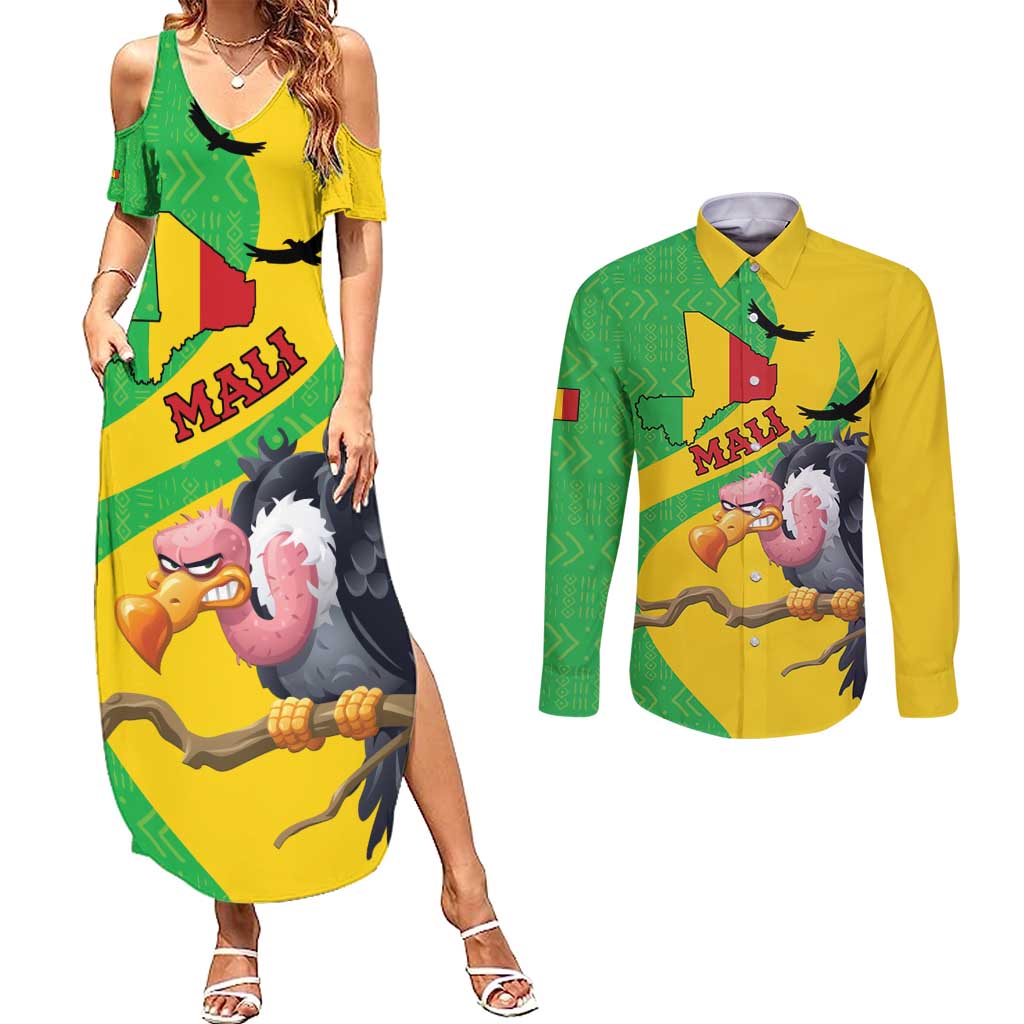 Personalised Mali Couples Matching Summer Maxi Dress and Long Sleeve Button Shirt Vulture With Flag Map Bogolan Pattern